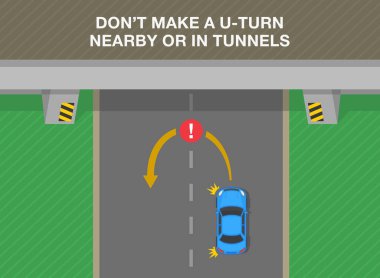 Güvenli sürüş ipuçları ve trafik kuralları. Yakınlarda ya da tünellerde U dönüşü yapmayın. Üst Manzara. Düz vektör resimleme şablonu.