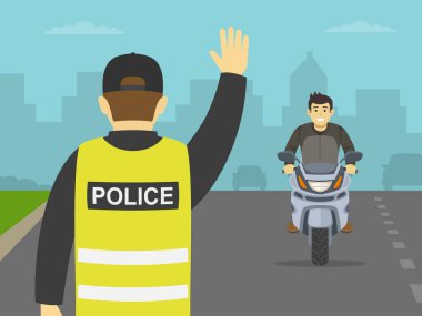 Devriye memurunun yakın çekim görüntüsü eliyle bir dur hareketi yapıyor. Polis, erkek motosiklet sürücüsünü yolda kasksız durdurur. Düz vektör resimleme şablonu.