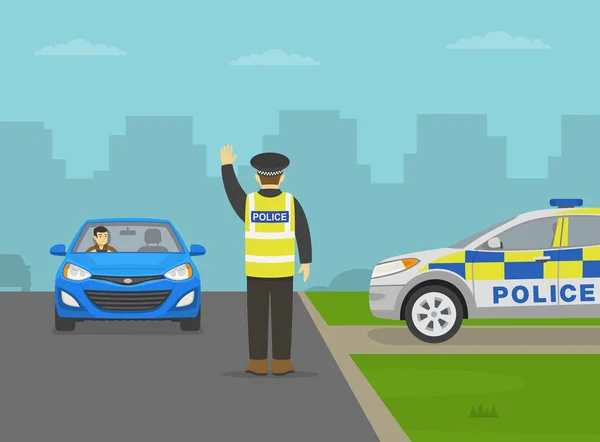Policjant Drogówki Zatrzymuje Się Zatrzymuje Niebieskim Sedanem Drodze Miejskiej Kierowca — Wektor stockowy