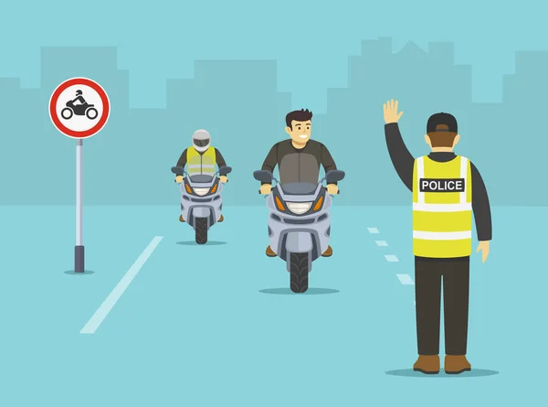 Odizolowany Policjant Zatrzymuje Się Ręką Zatrzymuje Motocyklistów Żadnych Znaków Motocyklowych — Wektor stockowy