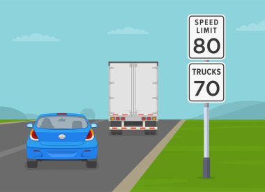 Speed limit for trucks and other vehicles sign on country road. Back view of a truck and sedan car on highway. Flat vector illustration template.