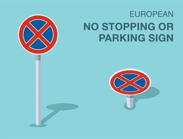交通规则 孤立的欧洲人没有停车或停车标志 前视图和前视图 平面矢量图解模板 — 图库矢量图片
