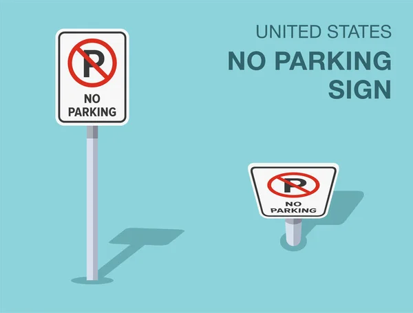 交通規制ルール 孤立した米国には駐車標識はない フロントとトップビュー フラットベクトルイラストテンプレート — ストックベクタ