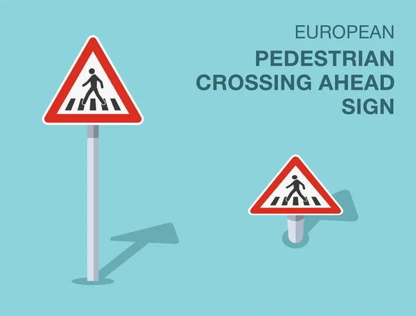 交通规则 孤立的欧洲人行横道前面的标志 前视图和前视图 平面矢量图解模板 — 图库矢量图片