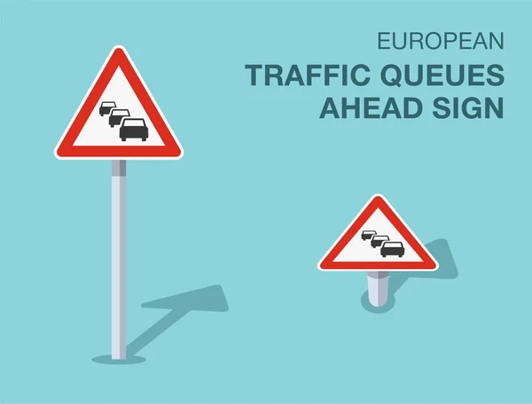 Traffic Regulation Rules Isolated European Traffic Queues Ahead Sign Front — Stock Vector