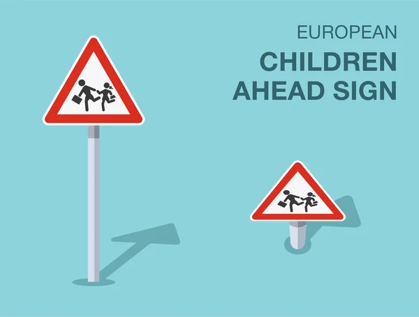 Traffic Regulation Rules Isolated European Children Ahead Sign Front Top — Stock Vector