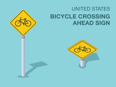 Trafik yönetmeliği kuralları. İzole edilmiş Birleşik Devletler bisiklet geçidi işareti. Ön ve üst manzara. Düz vektör resimleme şablonu.
