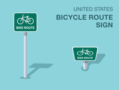 Trafik yönetmeliği kuralları. İzole edilmiş Birleşik Devletler bisiklet yolu işareti. Ön ve üst manzara. Düz vektör resimleme şablonu.