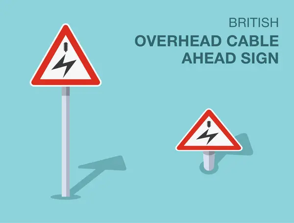 Stock vector Traffic regulation rules. Isolated British overhead cable ahead sign. Front and top view. Flat vector illustration template.