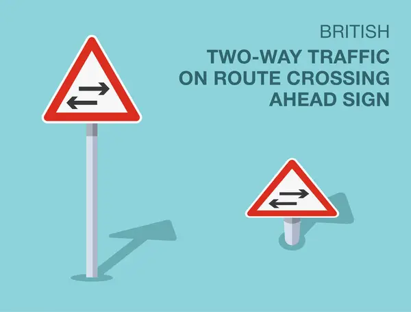 stock vector Traffic regulation rules. Isolated British two-way traffic on route crossing ahead sign. Front and top view. Flat vector illustration template.