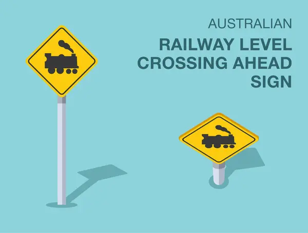 stock vector Traffic regulation rules. Isolated australian railway level crossing ahead sign. Front and top view. Flat vector illustration template.