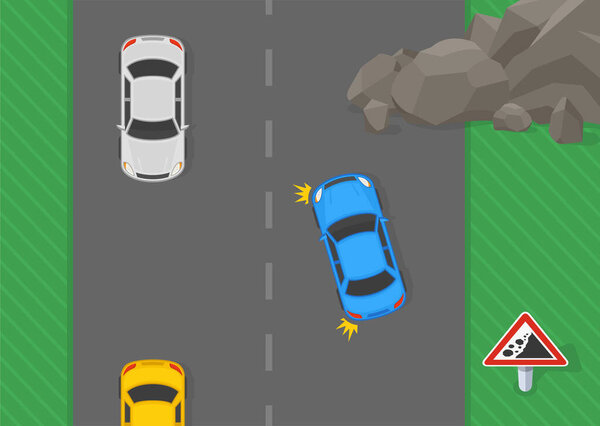 Safe driving tips and traffic regulation rules. Top view of a landslides and rockfalls on the road. Flat vector illustration template.