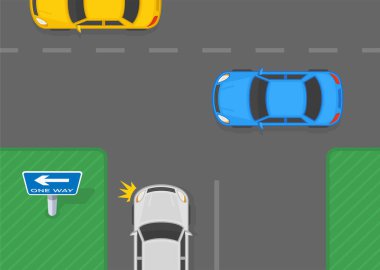 Güvenli sürüş ipuçları ve trafik kuralları. Tek yönlü yoldaki trafik akışının üst görüntüsü. Araba tek yönlü yola sapıyor. Düz vektör resimleme şablonu.