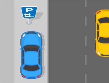 Açık hava park ipuçları ve kurallar. Otobanda park edilmiş bir arabanın üst görüntüsü. Düz vektör resimleme şablonu.