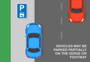 Açık hava park ipuçları ve kurallar. Araçlar kısmen sınırda ya da yaya yolunda park edilmiş olabilir. Üst Manzara. Düz vektör resimleme şablonu.