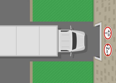 Güvenli sürüş ipuçları ve trafik kuralları. Garajın önündeki, yükseklik ve genişlik limiti işaretli ağır bir aracın üst görüntüsü. Düz vektör resimleme şablonu.