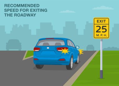 Güvenli sürüş ipuçları ve trafik kuralları. Tavsiye çıkış hız tabelası demek. Otoyol çıkışındaki arazi aracının arka görüntüsü. Düz vektör resimleme şablonu.