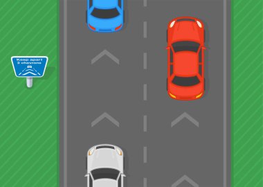 Güvenli sürüş ipuçları ve trafik kuralları. Otoyoldaki trafik akışının en üst görüntüsü. Düz vektör resimleme şablonu.
