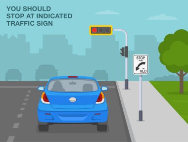 Güvenli sürüş ipuçları ve trafik kuralları. Kırmızı sinyal kuralına göre burada dur. Aracın arka görüntüsü yaya geçidinde durdu. Düz vektör resimleme şablonu.