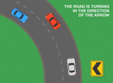 Güvenli sürüş ipuçları ve trafik kuralları. Yol, ok işaretine doğru dönüyor. Dönüşteki trafik akışının üst görüntüsü. Düz vektör resimleme şablonu.