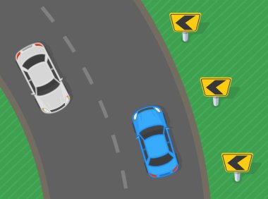 Güvenli sürüş ipuçları ve trafik kuralları. Keskin virajlı yolda ok işaretli bir trafik akışının üst görüntüsü. Düz vektör resimleme şablonu.