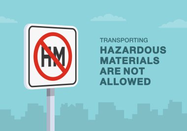 Güvenli sürüş ipuçları ve trafik kuralları. Tehlikeli maddelerin taşınması yasak işarettir. Yakın çekim görüntüsü. Düz vektör resimleme şablonu.