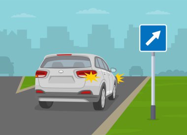 Güvenli sürüş ipuçları ve trafik kuralları. Otoyol çıkışındaki beyaz bir SUV 'nin arka görüntüsü. Düz vektör resimleme şablonu.