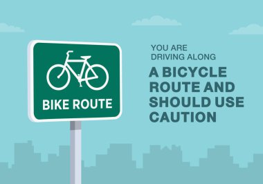 Güvenli sürüş ipuçları ve trafik kuralları. Birleşik Devletler bisiklet yolu tabelasına yakın çekim. Dikkatli ol, bisiklet yolu boyunca gidiyorsun. Düz vektör resimleme şablonu.