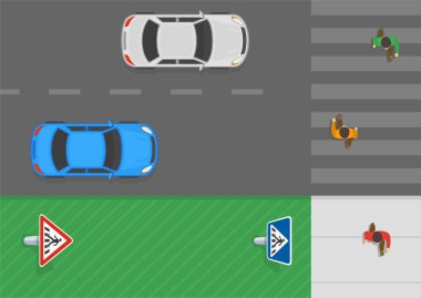 Güvenli sürüş ipuçları ve trafik kuralları. Önümüzde yaya geçidi ve yaya geçidi tabelası var. Trafik akışının üst görüntüsü. Düz vektör resimleme şablonu.