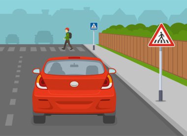Güvenli sürüş ipuçları ve trafik kuralları. Avrupa yaya geçidi tabelası. Bir arabanın arka görüntüsü. Düz vektör resimleme şablonu.