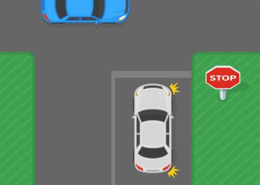 Güvenli sürüş ipuçları ve trafik kuralları. Beyaz bir arabanın üst görüntüsü dur işaretinde durdu. Düz vektör resimleme şablonu.