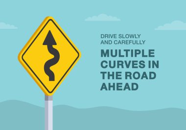 Güvenli sürüş ipuçları ve trafik kuralları. Birleşik Devletler virajlı yol tabelasına yakın çekim. Yavaş ve dikkatli sür, ileride birden fazla viraj var. Düz vektör resimleme şablonu.