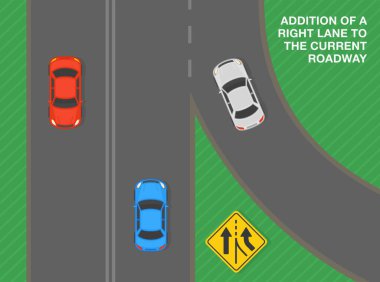 Güvenli sürüş ipuçları ve trafik kuralları. Geçerli yola bir sağ şerit daha eklendi. Trafik akışının üst görüntüsü. Düz vektör resimleme şablonu.