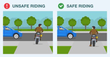 Güvenli ve güvensiz motosiklet sürüşü. Garajdan ayrılan bir erkek motorcunun arka görüntüsü. Düz vektör resimleme şablonu.