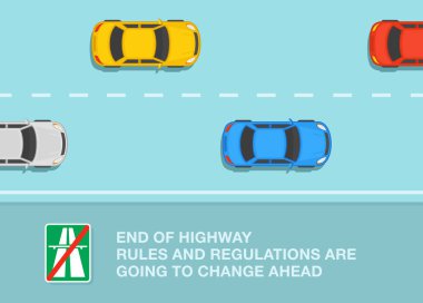 Güvenli sürüş ipuçları ve trafik kuralları. Otobanda bir trafik akışının en üst görüntüsü. Otoyol tabelasının sonu. Düz vektör resimleme şablonu.