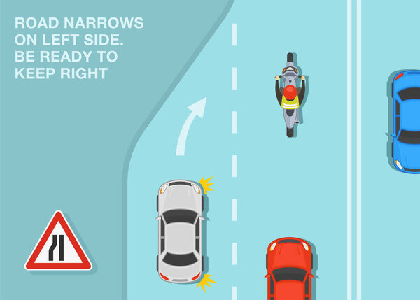 Безопасное вождение советы и правила дорожного движения. Дорога сужается с левой стороны, будьте готовы держать правую. Вид сверху на транспортные потоки. Плоский векторный шаблон.