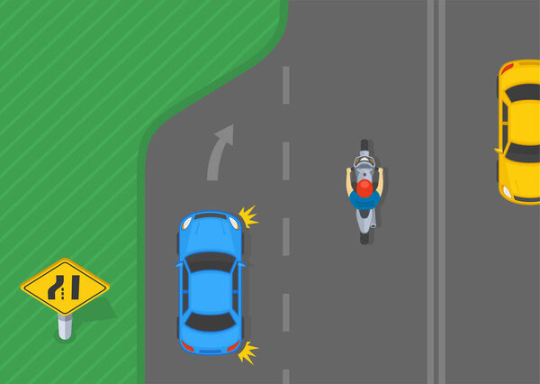 Traffic regulation tips and rules. American left lane ends traffic sign. Top view of a car is merging right on highway. Flat vector illustration template.