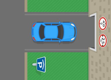 Güvenli sürüş ipuçları ve trafik kuralları. Otoparkın önündeki, yükseklik ve genişlik limiti işaretli sedan bir arabanın üst görüntüsü. Düz vektör resimleme şablonu.