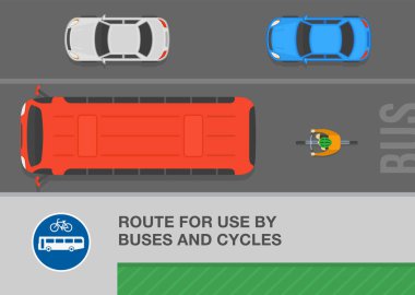 Güvenli sürüş ipuçları ve trafik kuralları. Otobüs ve bisikletçilerle kullanılacak İngiliz rotası. Otobüs şeridindeki bir bisikletçinin üst görüntüsü. Düz vektör resimleme şablonu.