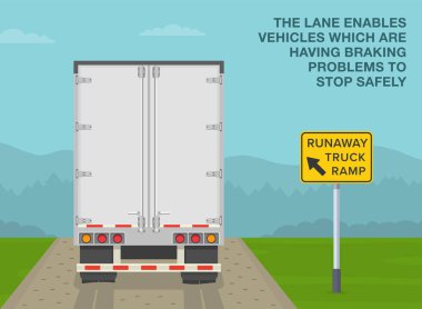 Güvenli araba kullanma ipuçları ve trafik kuralları. Kamyon rampasındaki bir kamyonun arka görüntüsü. Şerit frenleme sorunu olan araçları etkinleştirir. Düz vektör resimleme şablonu.