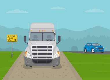 Frenleme sorunu olan bir kamyon, kaçak bir kamyon rampasında durmuş. Ağır bir aracın ön görüntüsü. Düz vektör resimleme şablonu.