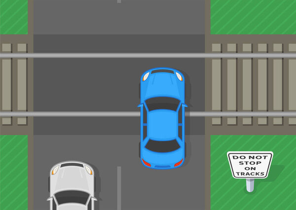 Safe driving tips and traffic regulation rules. Top view of a car stopped on the railroad tracks. Do not drive on tracks sign. Flat vector illustration template.
