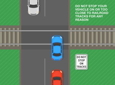 Güvenli araba kullanma ipuçları ve trafik kuralları. Tren raylarına çok yakın bir yerde durmayın. Düzey geçişinin üst görüntüsü. Düz vektör resimleme şablonu.
