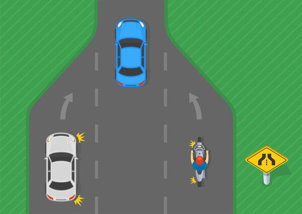 Советы и правила регулирования дорожного движения. Американский дорожный знак. Вид сверху на сливающийся на шоссе автомобиль и мотоциклист. Плоский векторный шаблон.