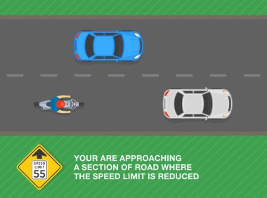 Güvenli sürüş ipuçları ve trafik kuralları. Hız limiti işareti demek. Otobanda bir trafik akışının üst görüntüsü. Düz vektör resimleme şablonu.