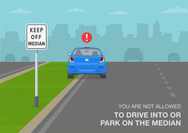 Güvenli sürüş ipuçları ve trafik kuralları. Medyan işaretinin anlamı korunur. Medana girmenize ya da park etmenize izin verilmiyor. Park etmiş bir arabanın arka görüntüsü. Düz vektör resimleme şablonu.