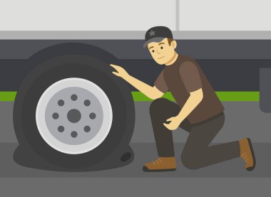 Patlak lastiği kontrol eden bir erkek kamyon şoförünün yakın çekimi. Trafik kazası. Düz vektör resimleme şablonu.