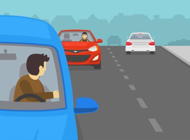 Güvenli sürüş ipuçları ve trafik kuralları. Erkek bir sürücünün yakın çekimi, arabanın ön kapısını açmadan önce geriye bakıp yaklaşan bir araç var mı diye kontrol eder. Düz vektör resimleme şablonu.