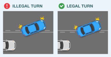 Güvenli sürüş ipuçları ve trafik kuralları. Yasal ve yasa dışı şerit değiştirme. Sokak sınırını geçen bir arabanın üst görüntüsü. Düz vektör resimleme şablonu.