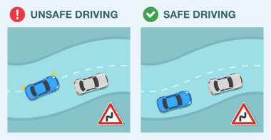 Güvenli sürüş ipuçları ve trafik kuralları. Virajlı yolda güvenli ve güvensiz sürüş. İlerideki işaret alanında bir dizi viraj ya da viraj var. Düz vektör resimleme şablonu.